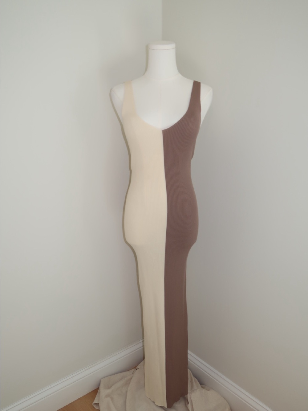 Meshki Two-Tone Cream & Brown Ribbed Tank Maxi Dress